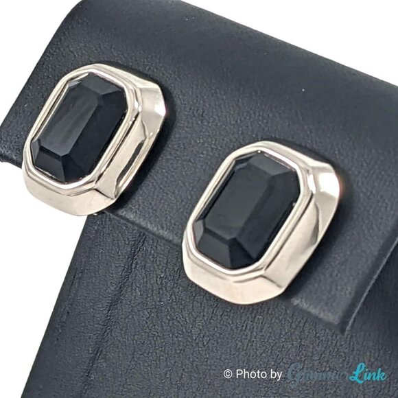 Vintage Black Rectangular Faceted Glass Stone Silver Tone Clip On Earrings - Picture 2 of 12